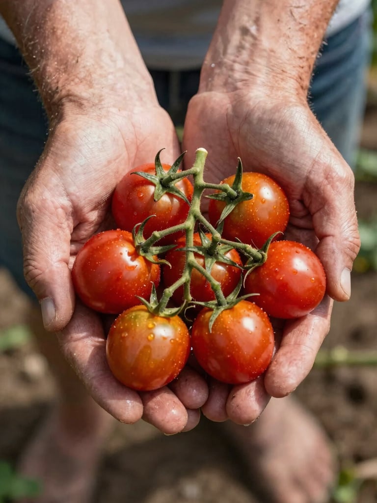 Close-up portrait of weathered hands cupping a cluster of ripe cherry tomatoes just picked from the vine, natural north-facing daylight, soil visible in the shallow background, no artificial light