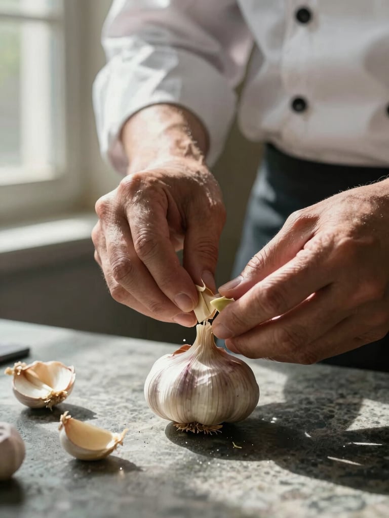 Portrait close-up of a chef's hands breaking apart a head of garlic on a stone surface, north-facing window light from the left, rich shadows, no face visible, documentary framing
