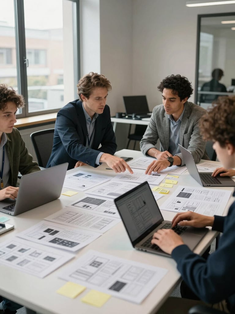 Wide shot of agency team around a table covered in printed layouts and sticky notes, two people mid-conversation pointing at a printed sheet, laptops open, late-morning daylight from a large window to the left