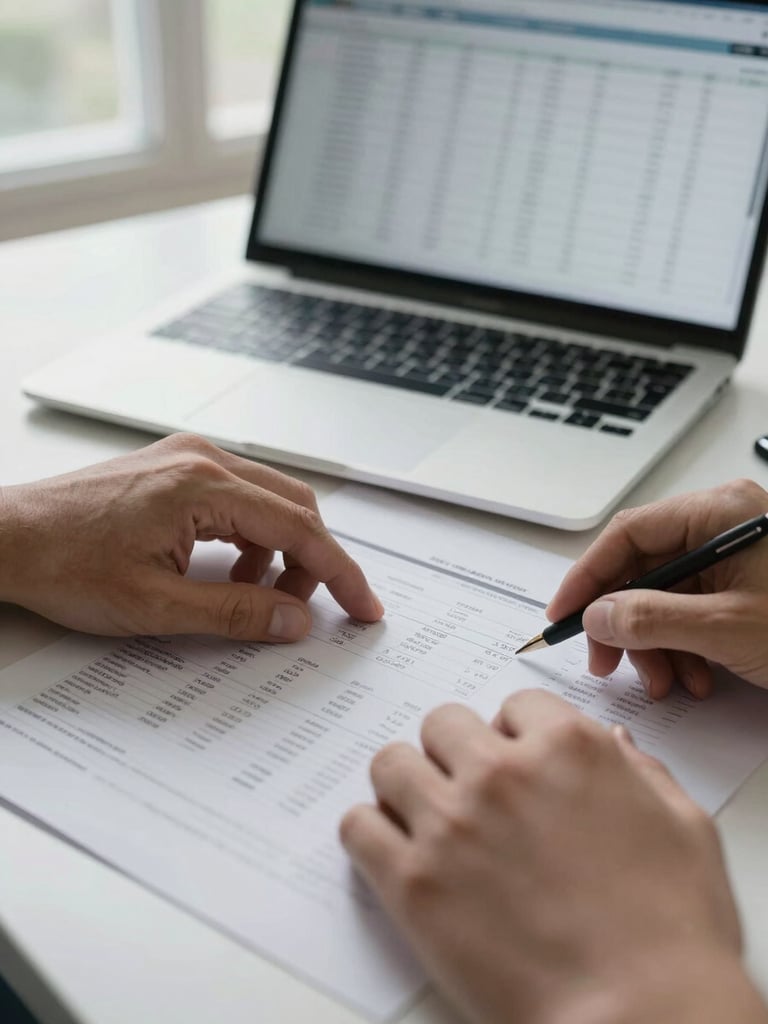 Close-up of hands turning through a printed financial report on a desk, a second open laptop showing a spreadsheet visible in soft focus behind, natural daylight from a nearby window, clean desk surface