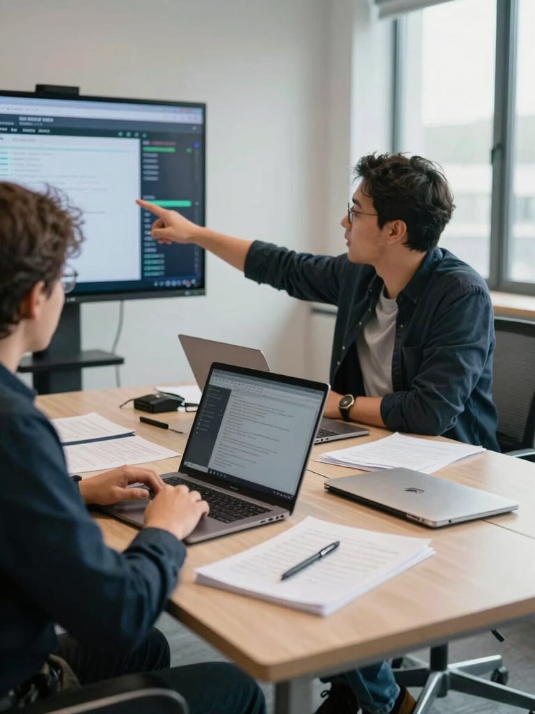 Environmental shot of a meeting room mid-discussion, two people at a table with laptops open and handwritten notes visible, one person pointing at a screen showing a dashboard, window light from the right side, candid and unposed