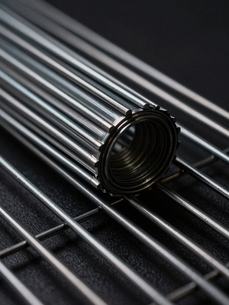 Macro industrial shot of galvanized steel mesh, crisp geometric lines, dramatic side lighting reflecting off metallic surfaces, dark background