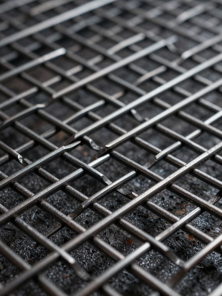 Macro texture shot of heavy-duty steel mesh, sharp geometric lines, dark metallic tones, dramatic side lighting, industrial product photography, 50mm lens