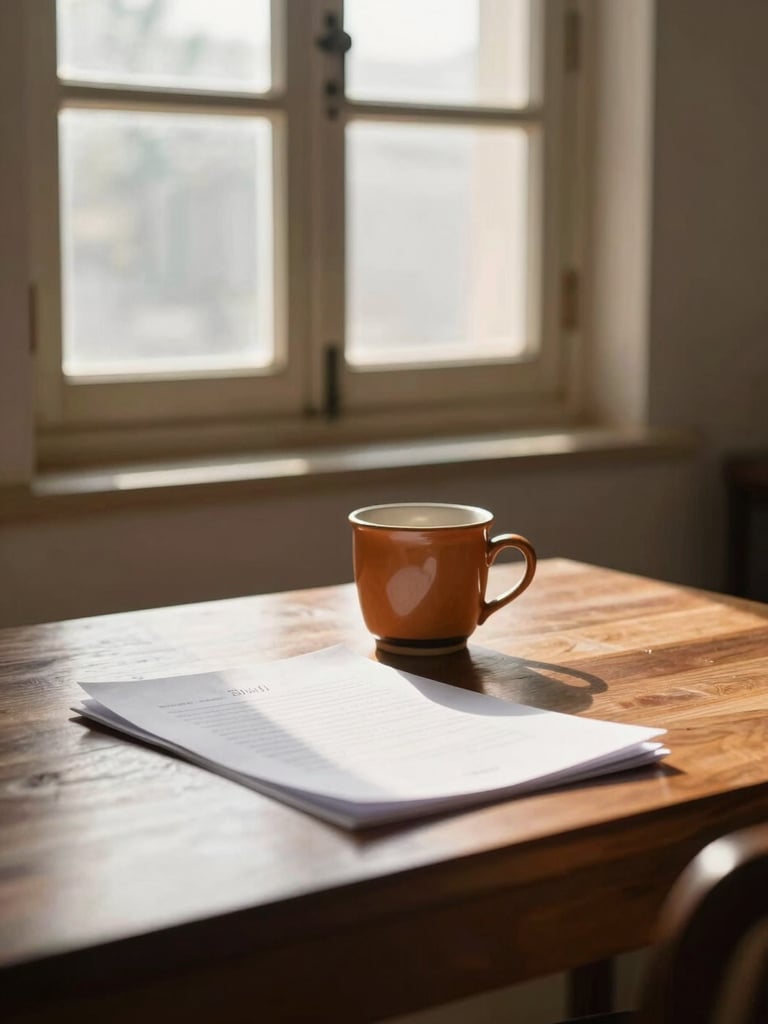 Soft morning light filtering through a window onto a neat wooden desk in Surat, a warm ceramic cup and a folded document, evoking safety and calm.
