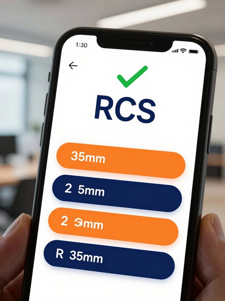 Close-up of a mobile screen displaying a verified RCS message with rich media buttons, sharp focus, 35mm