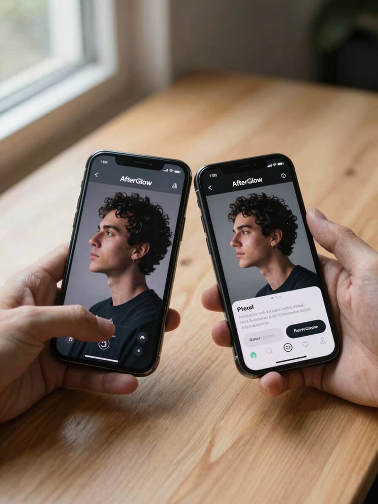 Two smartphones side by side showing AfterGlow app screens — profile view and match interaction screen — on a light oak desk surface, natural window light from the left, hands partially visible adjusting one phone, editorial close-up framing