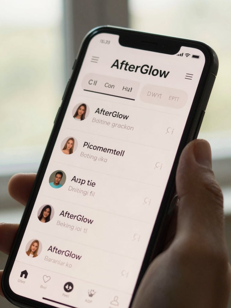 Close-up of a smartphone screen showing the AfterGlow dating app interface — soft cream UI, minimal type, a conversation thread partially visible — held in a hand against a bright north-facing window, natural Indonesian daylight, shallow depth of field, right-edge bleed composition