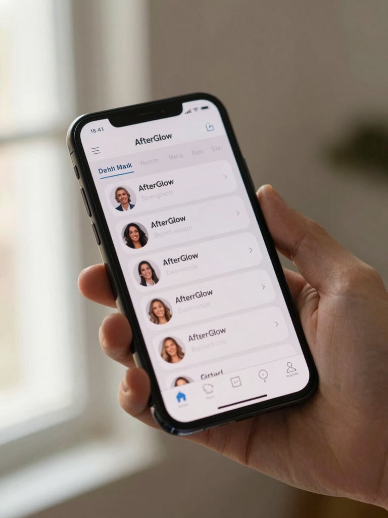 Close-up of a hand holding a smartphone displaying the AfterGlow dating app interface, soft natural window light from the left, warm cream tones, shallow depth of field, the screen showing a profile card UI with clean typography