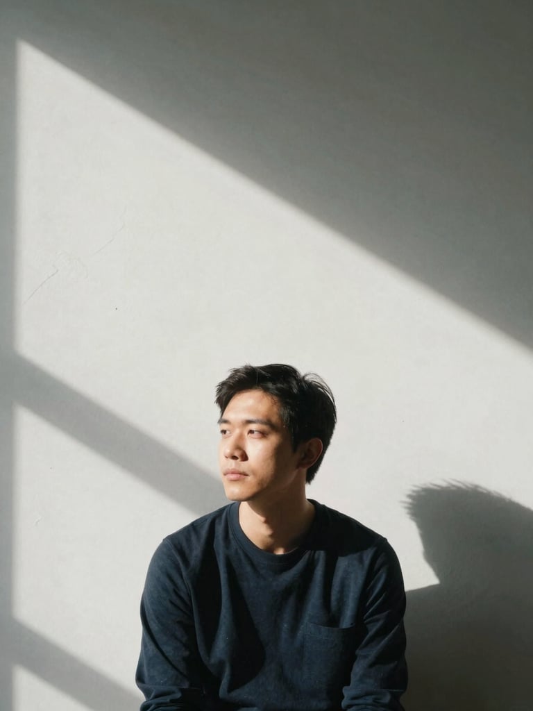 A quiet environmental portrait of a creative professional looking away, harsh sunlight creating high-contrast shadows on a minimalist plaster wall, generous negative space.