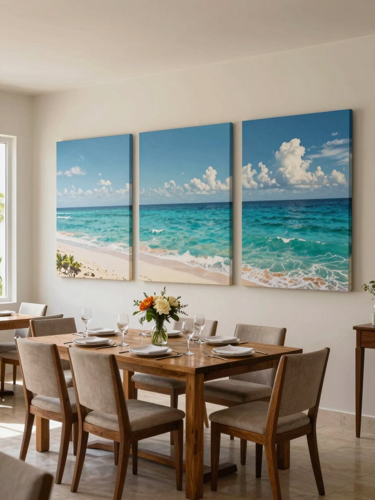 Wide environmental shot of a Cancún dining room, a curated triptych of ocean-toned canvases dominating the wall behind a wooden table set for dinner, soft natural window light entering from the left, the room fully inhabited—a vase of flowers on the table, chairs pulled in