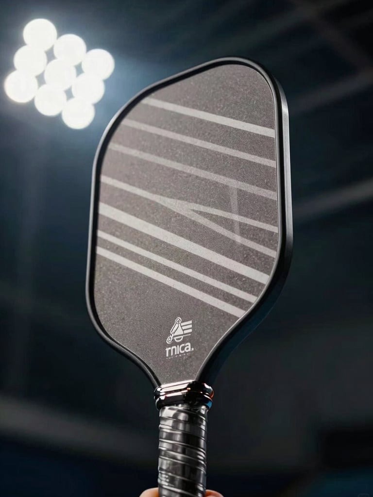 Dynamic low-angle shot looking up at a custom-designed pickleball paddle against crisp indoor stadium floodlights, sharp geometric shadows.
