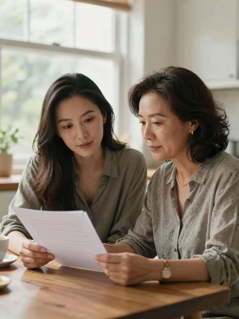 An adult daughter and her older mother seated together at a kitchen table, both looking at a document, natural north-facing window light, warm tones, unposed and conversational, a coffee cup visible on the table edge
