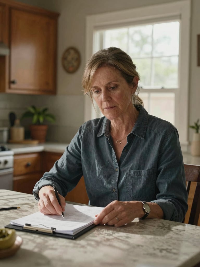 Close environmental shot of a woman in her 50s seated at a kitchen table in a modest Texas home, natural north-facing window light casting soft shadows, hands resting on a folder of documents, expression calm and attentive, a real home's details — a cabinet, a houseplant — visible in the background