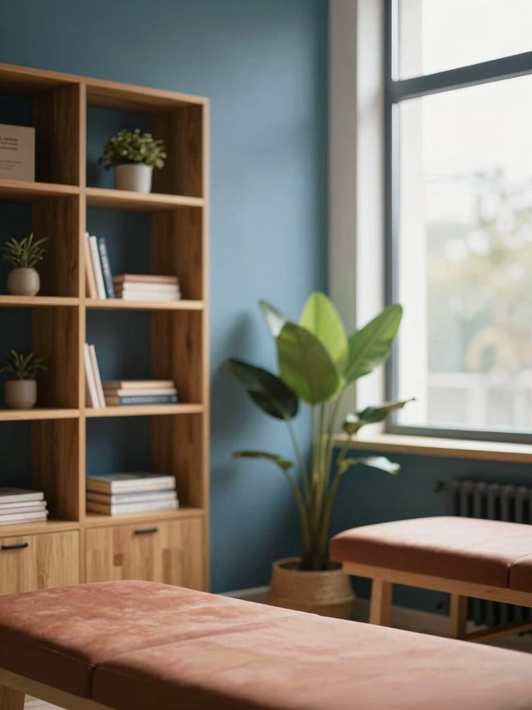 A welcoming, modern therapy room with warm wooden shelves, a green plant, soft sunlight coming through a large window, peaceful and professional atmosphere