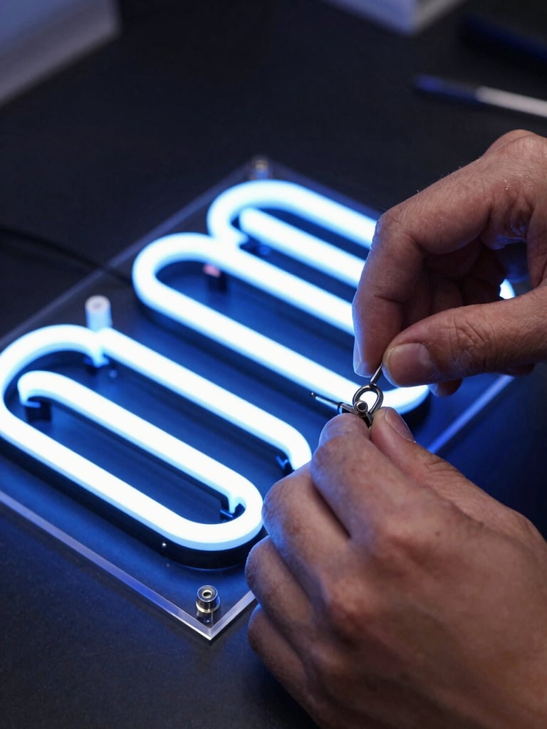 Macro shot of hands carefully assembling a custom LED neon sign on an acrylic base, glowing blue light, technical workshop background.