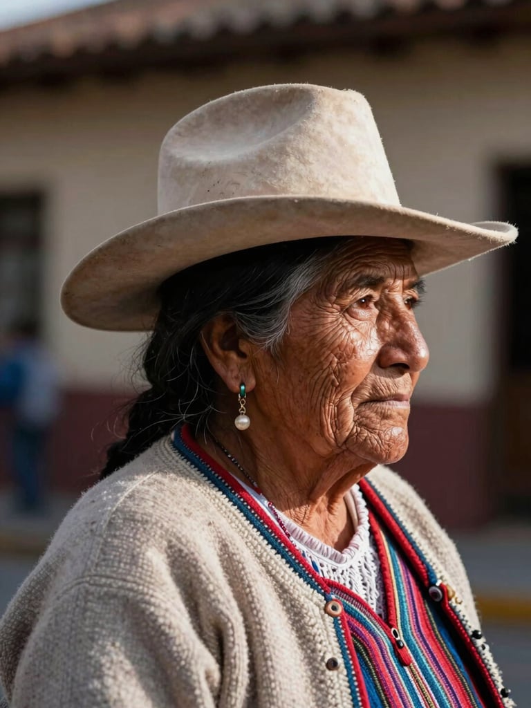 Retrato de perfil de una mujer anciana boliviana con sombrero tradicional, arrugas profundas que reflejan sabiduría, luz natural lateral dramática.