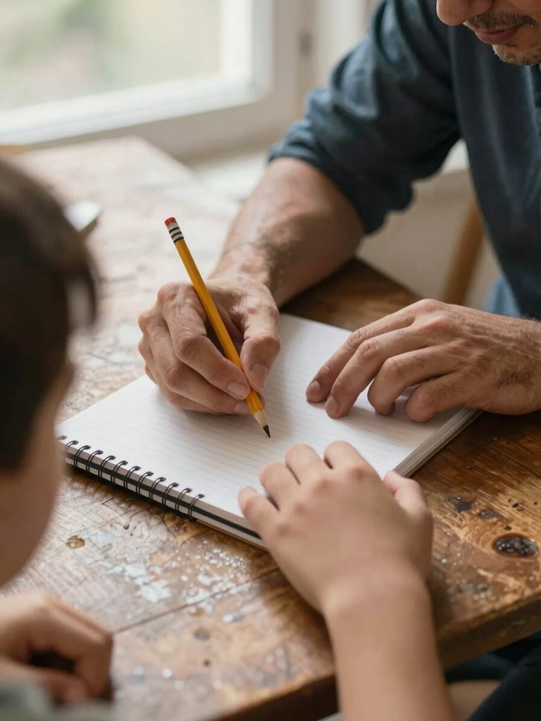 Close-up overhead shot of a mentor's hands and a young person's hands working together over a notebook on a worn wooden table, pencil mid-motion, warm natural window light, actual program room with blurred background