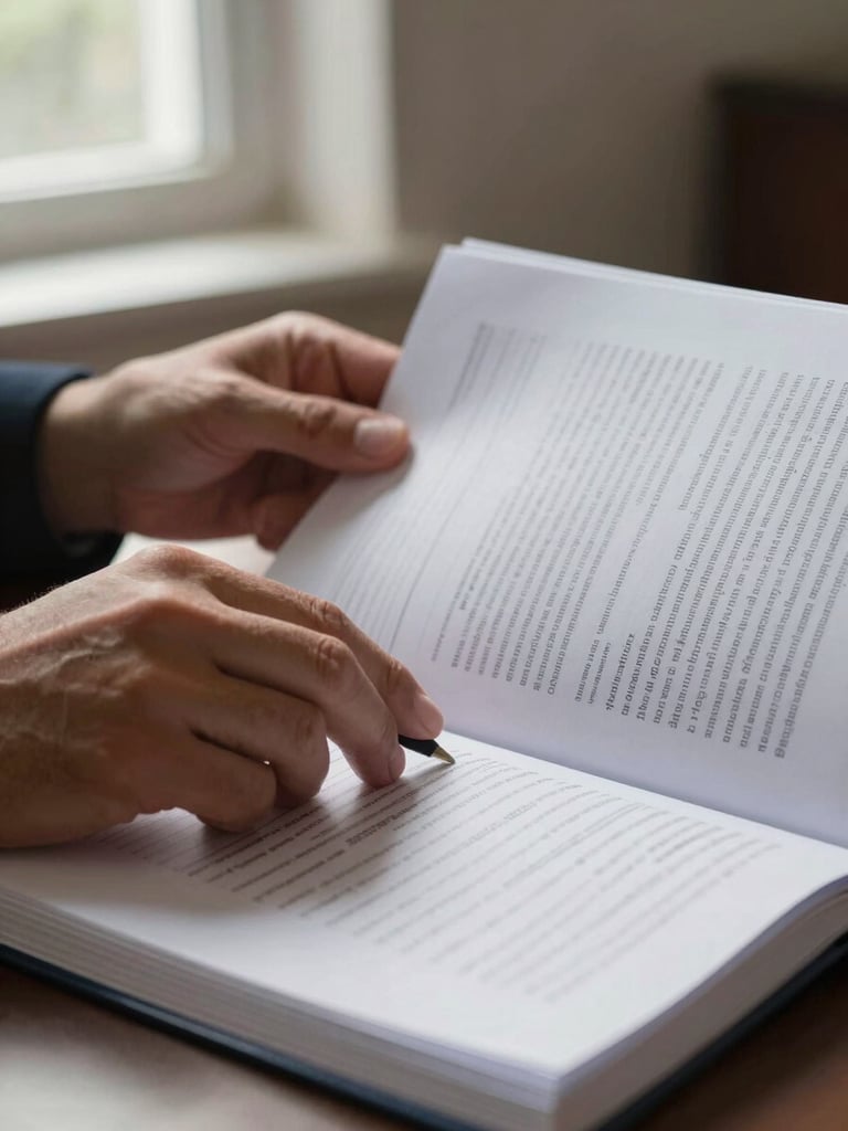 Close-up of hands turning pages of a printed regulatory dossier on a desk, natural window light from the left, submission documents with tab dividers visible, shallow depth of field on the fingertips