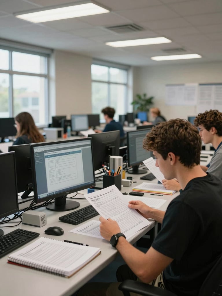 Wide shot of a training room, four participants seated at individual workstations reviewing printed regulatory module documents, overhead institutional lighting, notebooks and annotated forms on each desk, natural daylight from side windows