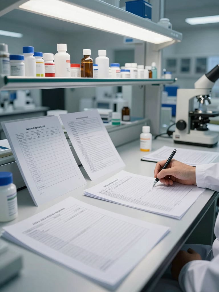 Wide environmental shot of a compliance workstation in a pharmaceutical lab, overhead lab lighting, printed SOPs and annotated forms spread across the desk, a researcher's arm reaching to mark a document
