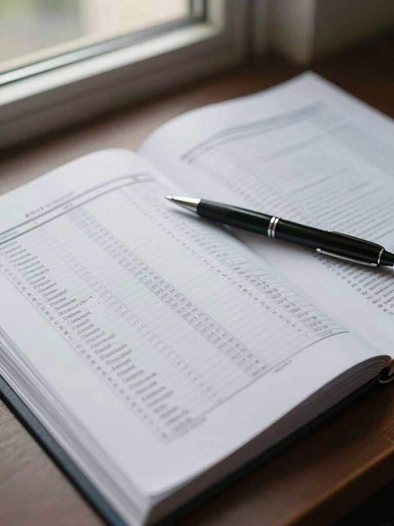 Close-up overhead view of a compliance binder open on a desk under natural window light, printed data tables and regulatory annotation marks visible on the pages, a pen resting across the document, muted institutional setting