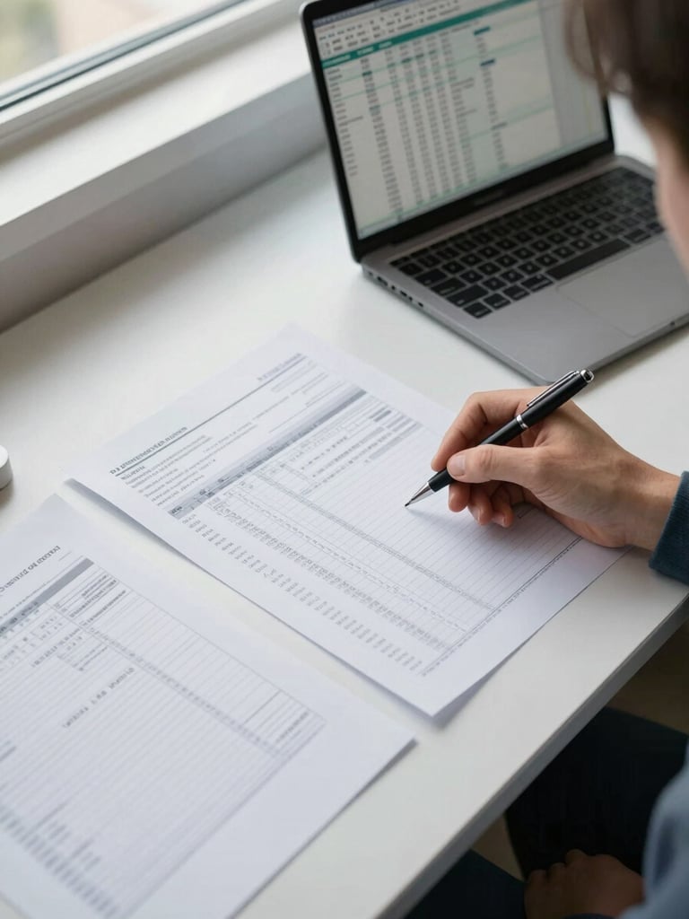Overhead view of a clinical data review session — a wide desk with printed CRF pages, a laptop screen showing tabular datasets, and a hand holding a pen annotating a data listing in natural window light from the left