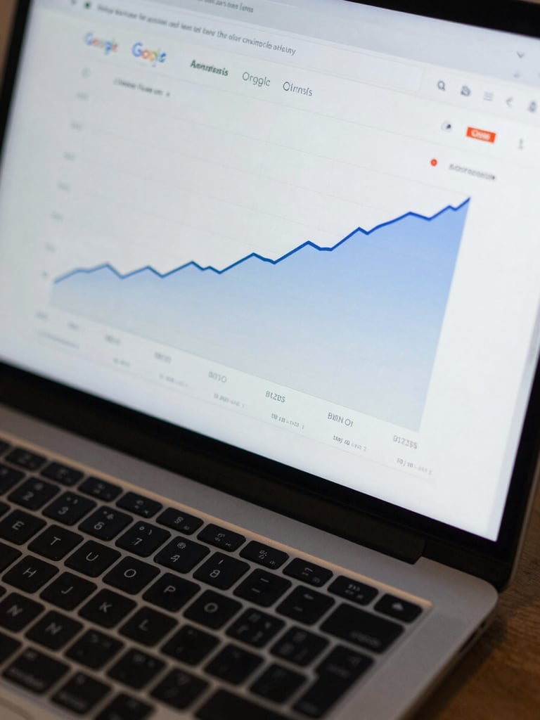Overhead close-up of a laptop screen displaying a Google Analytics dashboard with a sharply rising organic traffic curve, cool studio lighting, keyboard partially visible at bottom frame, no people