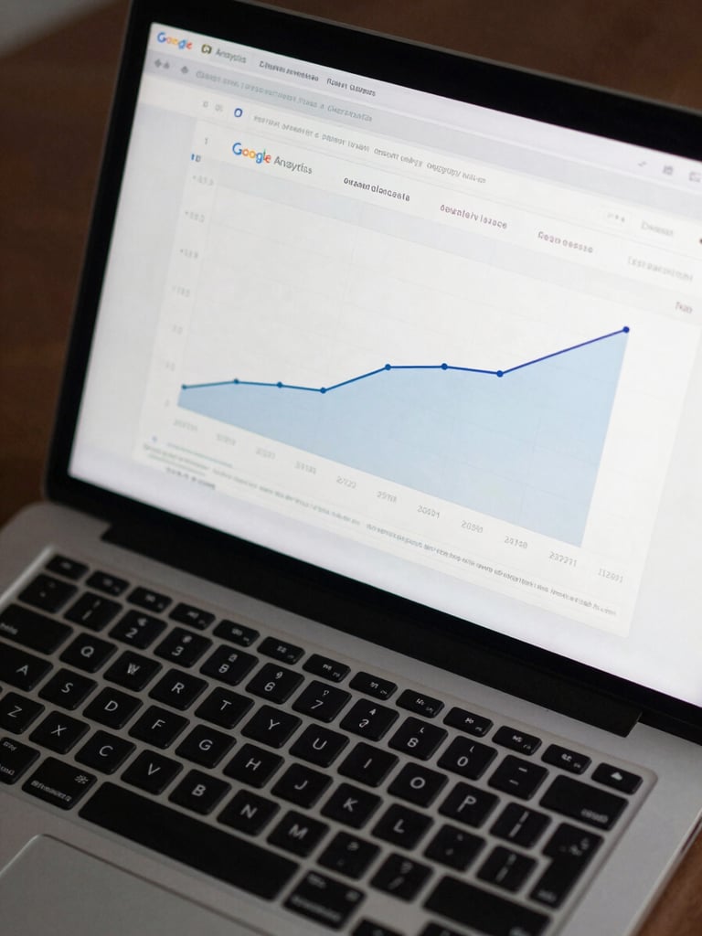 Overhead tight close-up of a laptop screen displaying a Google Analytics dashboard with organic traffic growth curve trending sharply upward, cool studio lighting, dark desk surface visible at edges, no people