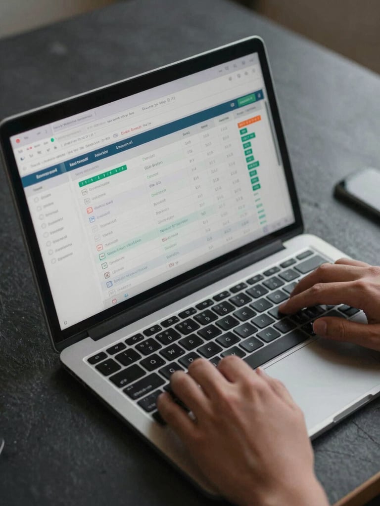 Overhead close-up of a laptop screen displaying a lead funnel analytics dashboard with conversion rates and email sequences listed, a single hand scrolling a trackpad, cool even studio lighting, slate desk surface