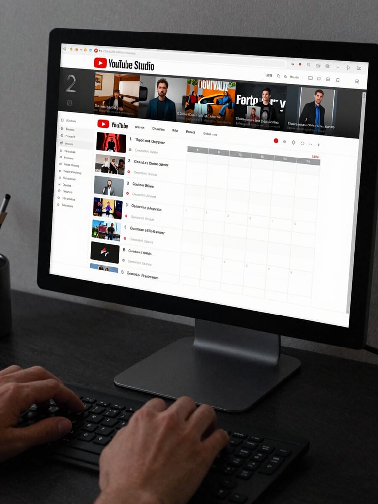 Close-up of a monitor screen showing a YouTube Studio dashboard with video drafts queued and a content calendar, hands resting on a keyboard below, cool overcast lighting, minimal dark desk surface visible