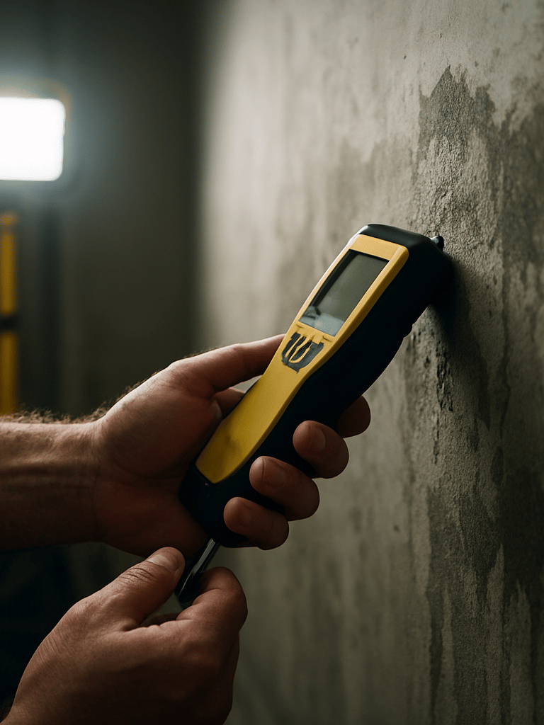 Close-up of a technician's hands pressing a moisture meter probe into saturated drywall, fluorescent job-site light, damp gray wall surface with visible water staining, industrial fan blurred in background