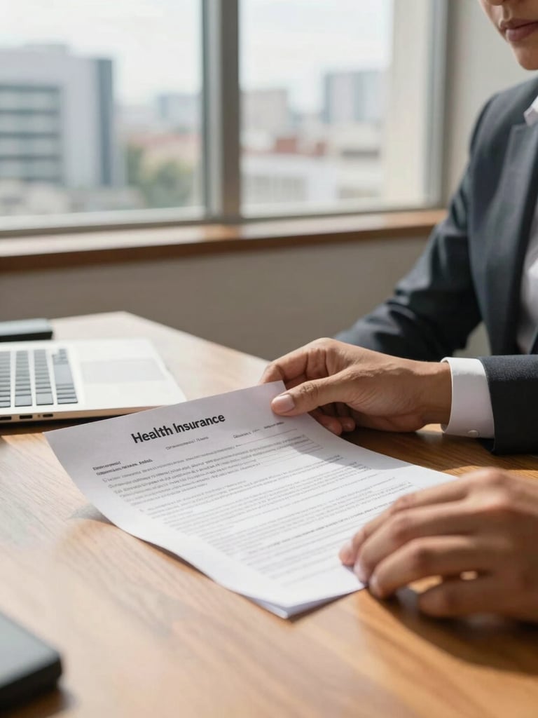 Close-up of hands reviewing health insurance contract documents on a wooden desk, bright daylight filtering through a corporate office window in São Paulo, professional and warm tone