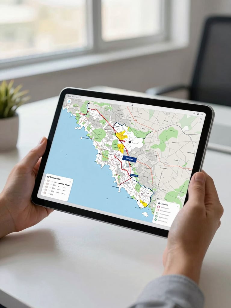 Close-up of hands holding a tablet displaying a clean regional map of São Paulo metropolitan area, modern office desk background, natural window light.