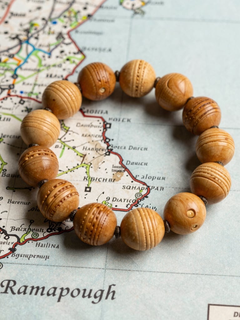 A close-up flat-lay of hand-carved wampum beads resting on a weathered historical map of Ramapough territory, soft natural side-light.