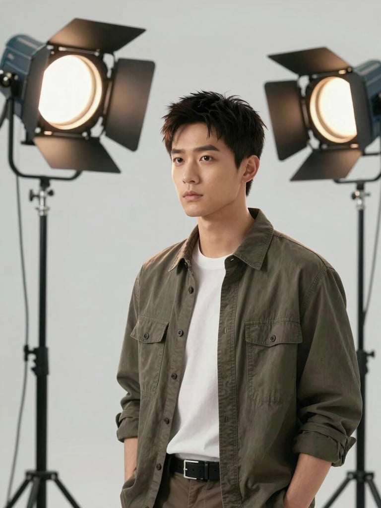 Controlled studio production frame for NH Studios — a lead actor in character under precise three-point lighting, clean background, broadcast-ready finish