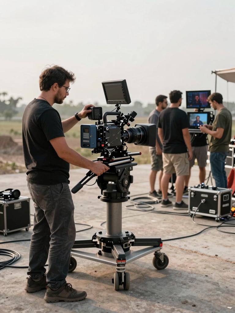 Wide environmental shot of a film production set in natural afternoon light, camera operator adjusting a cinema camera on a rig in the foreground, crew members in background reviewing monitors, cables and equipment scattered across a concrete floor, depth and documentary candour