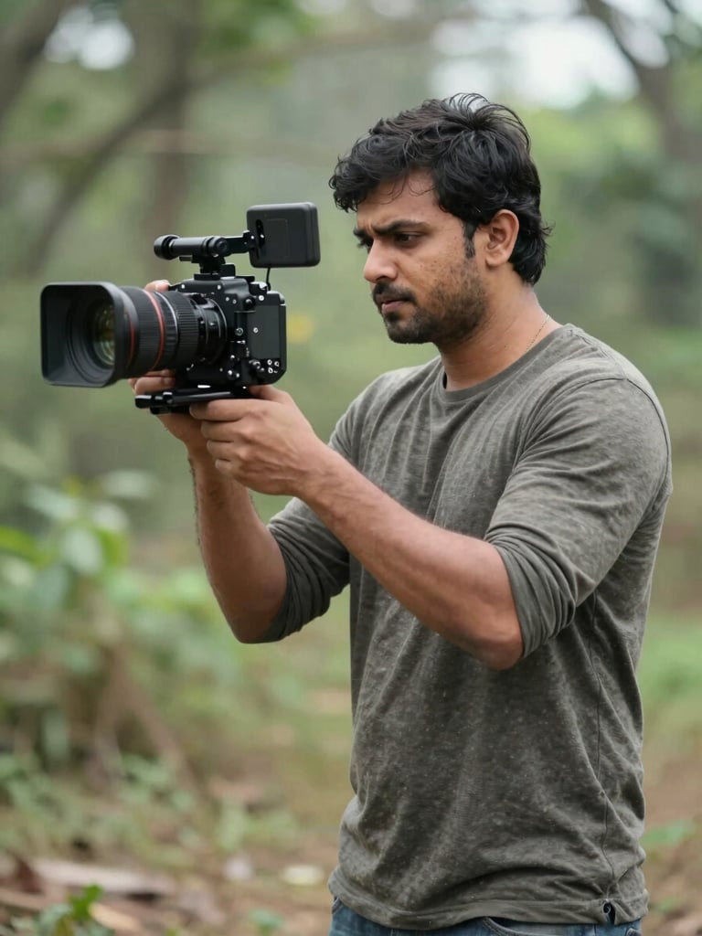 Tense Marathi thriller production frame — actor in mid-shot against a forest backdrop, overcast natural light, handheld camera aesthetic, gritty and immediate