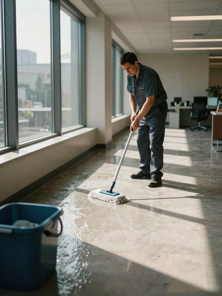 Wide environmental shot inside a Vizcaya office—a worker mopping a tiled floor near a window, natural daylight streaming across the wet surface, mop and bucket visible in the foreground, the room receding into the background on the right
