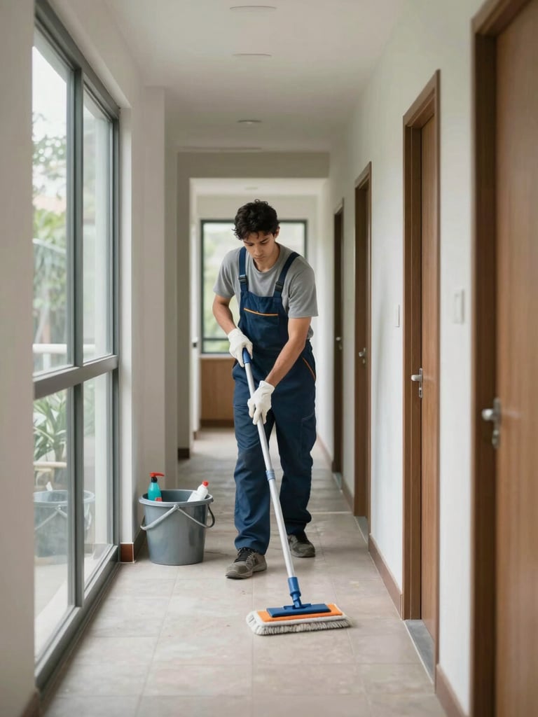 Environmental wide shot of a cleaning professional mopping a small Vizcaya office corridor, natural light from a side window, work in progress with bucket and supplies visible on the floor