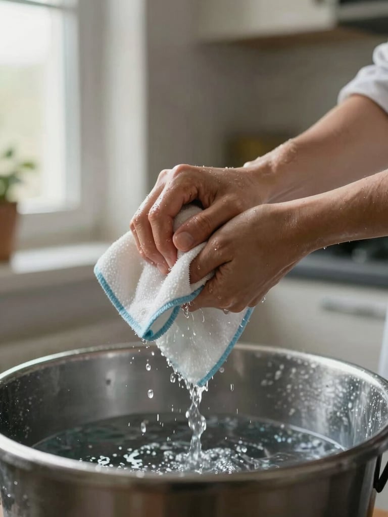 Close-up of a pair of gloved hands wringing a cleaning cloth over a bucket, natural window light from the left, a domestic kitchen counter visible and slightly out of focus behind