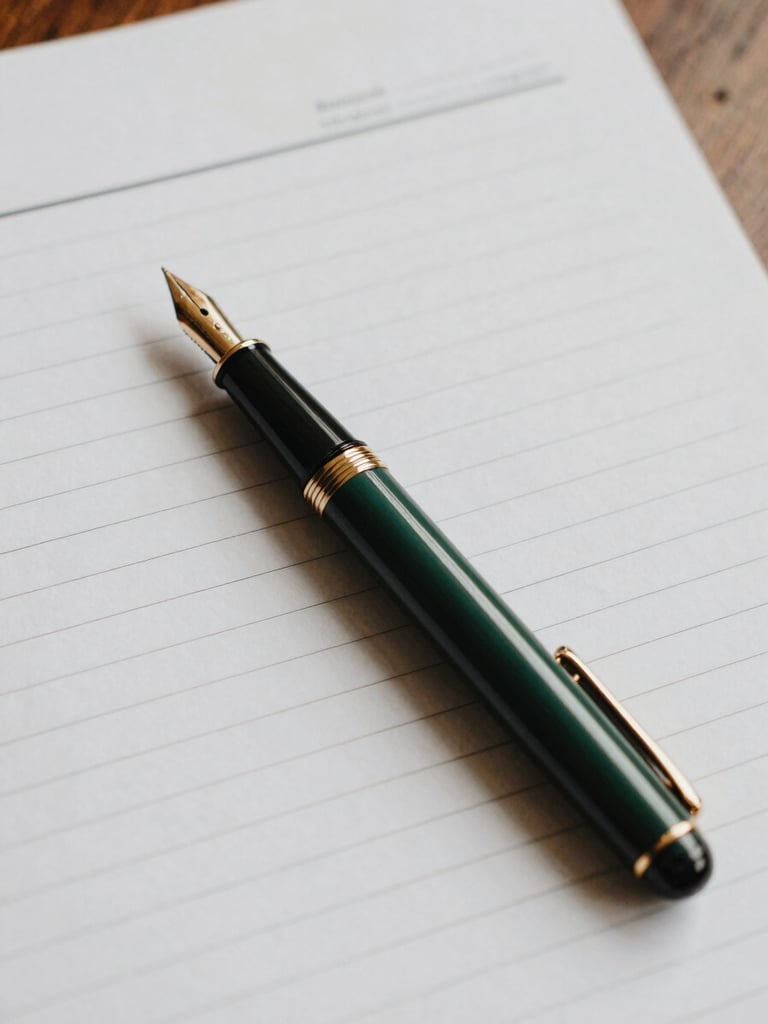 An elegant close-up of a fountain pen resting on heavy textured legal paper, natural overhead light, soft shadows, warm editorial aesthetic.