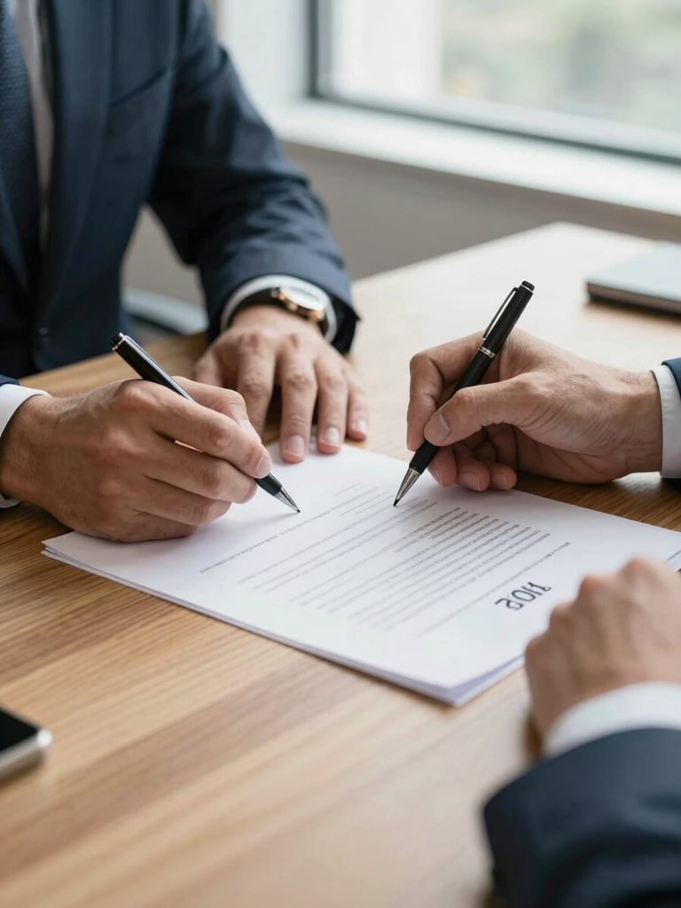 Hands signing a physical corporate document on a clean oak desk under bright natural window light