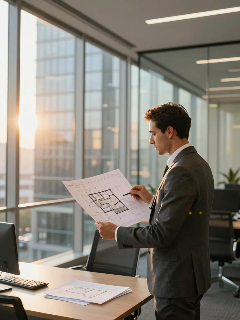 Professional real estate consultant in a tailored suit presenting architectural plans in a modern, sunlit Gurugram office, warm corporate tones, natural lighting