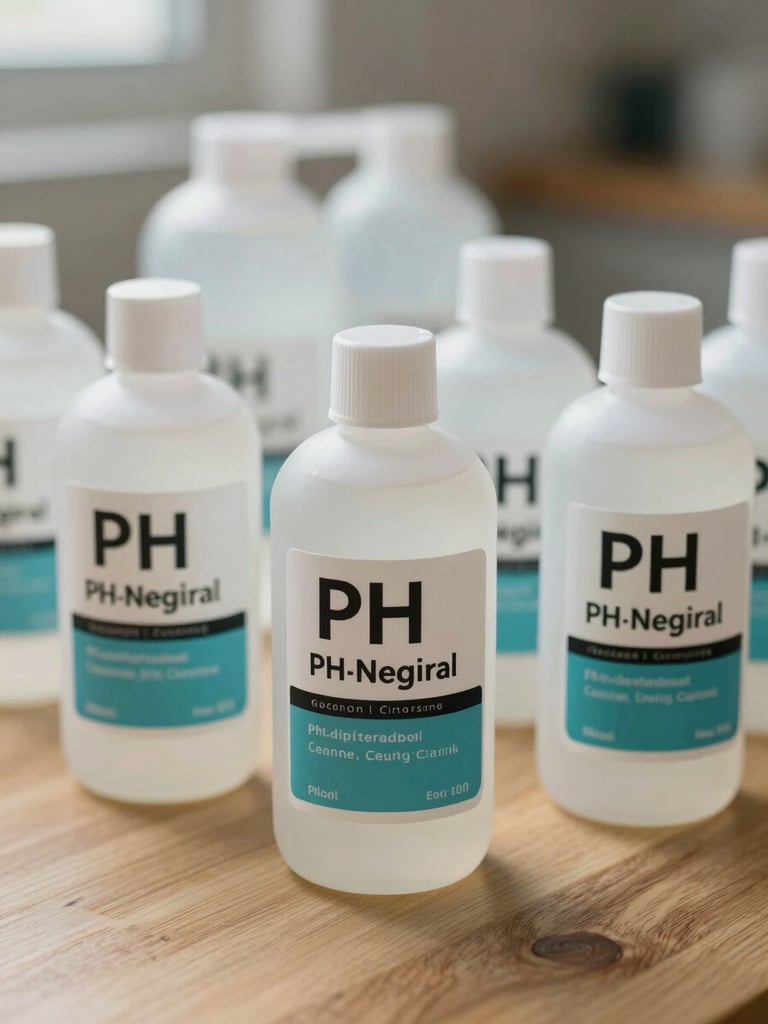 Close-up of professional pH-neutral cleaning solutions in minimalist containers, arranged neatly on a clean wooden surface, soft natural lighting.