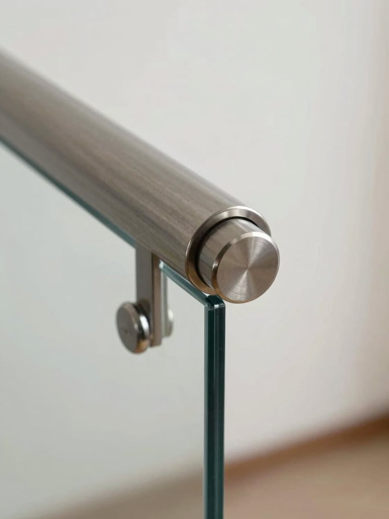 Extreme close-up of a point-fixed standoff fitting on a frameless glass railing — polished circular stainless hardware flush against clear glass edge, structural silicone joint visible, shot tight under soft north-facing studio light, white wall background, no people, no reflections