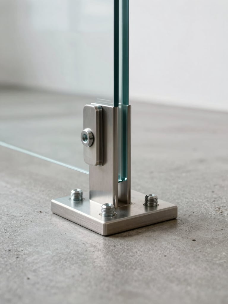 Portrait-oriented tight shot of a glass railing post base plate and structural bolt detail on a polished concrete floor, brushed steel hardware in crisp focus, soft diffused daylight from the left, no people, clean white wall in background