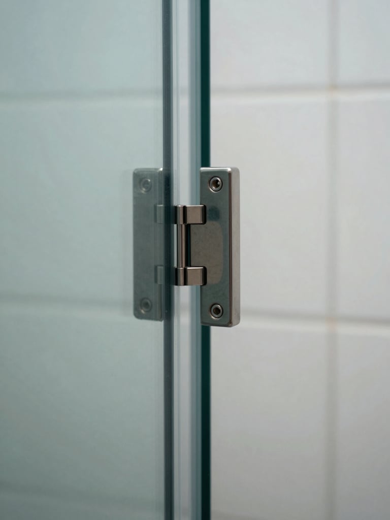 Extreme close-up of a frameless shower door hinge and glass edge, shot from the side in cool north-facing daylight — the polished stainless hardware connection visible against the transparent glass edge, white tile wall in the far background, no people, no reflections