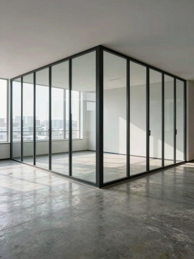 Wide environmental shot of a finished commercial office interior with full-height frameless glass partition walls — empty space, no people, polished concrete floor, white ceiling, daylight from the left, the glass boundary defining two zones while the space reads as continuous, shot from the corner to show depth of the partition system