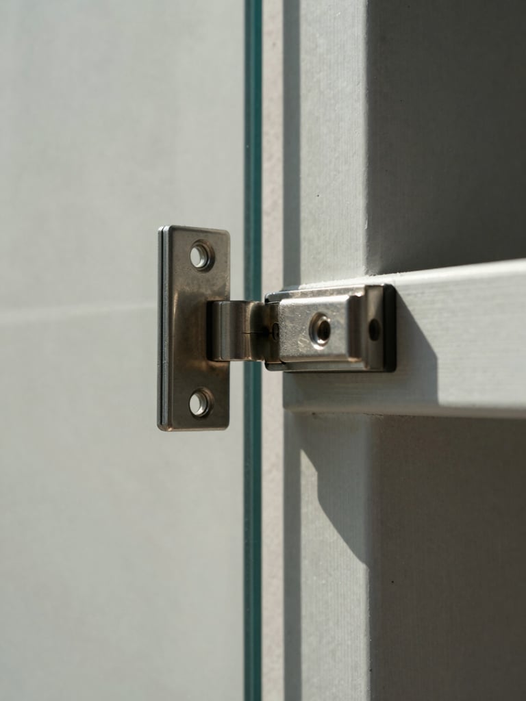 Extreme close-up of a polished stainless pivot hinge mounted flush to a thick frameless glass panel edge, shot from a low angle in even north-facing daylight — the glass edge and hardware connection fill the frame, concrete wall visible behind, no people, no reflections