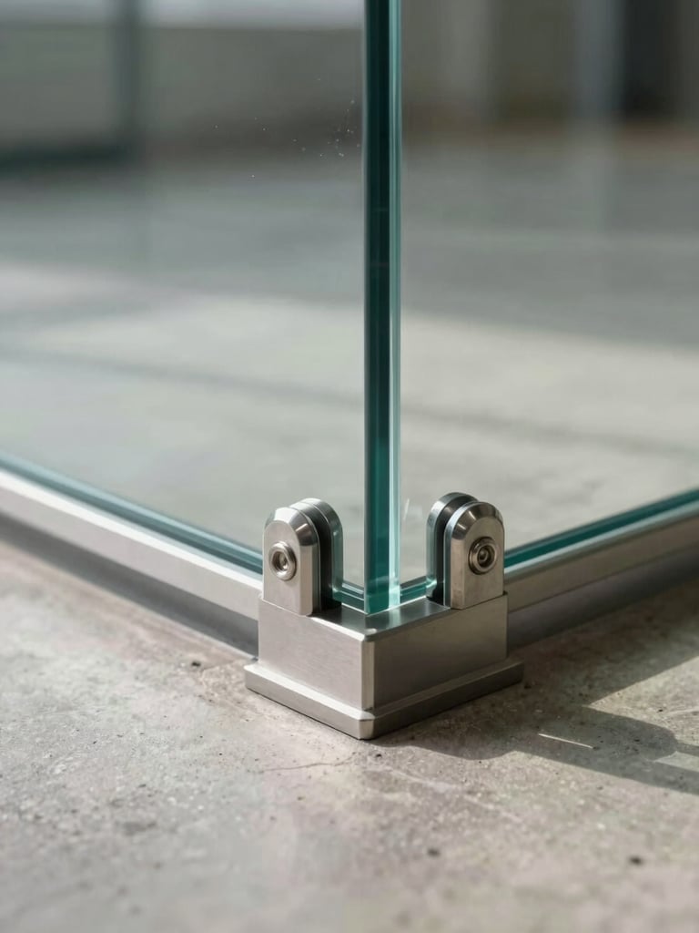 Tight close-up of a glass railing structural base channel connection, stainless point-fixed hardware at the base of a clear frameless glass panel, concrete floor substrate visible, soft north-facing daylight from above, camera at floor level looking up along the glass edge — engineering detail in sharp focus, room environment blurred behind